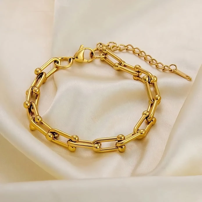 Elegant 18K Gold-Plated Chain Bracelet with Geometric Ball Accents for Women